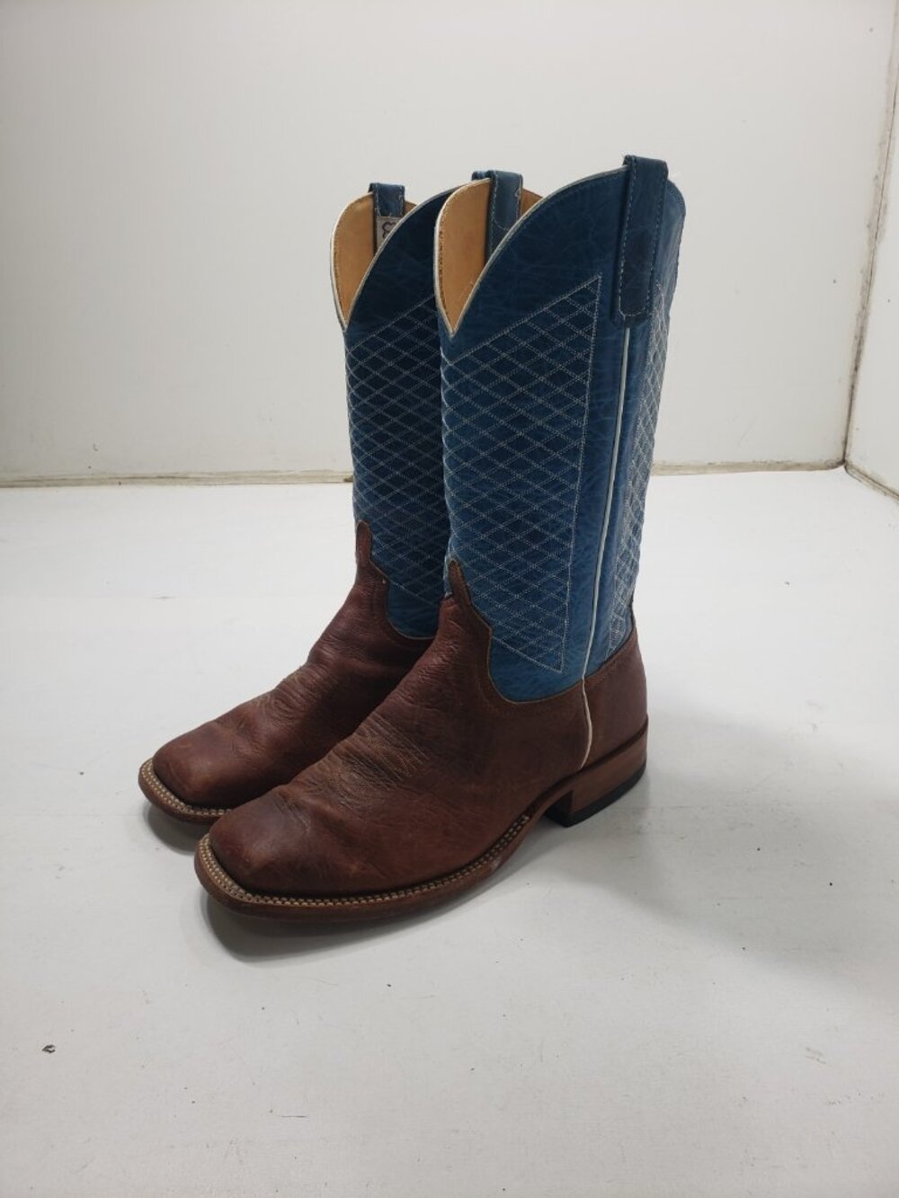 Anderson Bean S1116 Men's 10 EE Cowboy Boots Blue Brown Bison Leather Square Toe